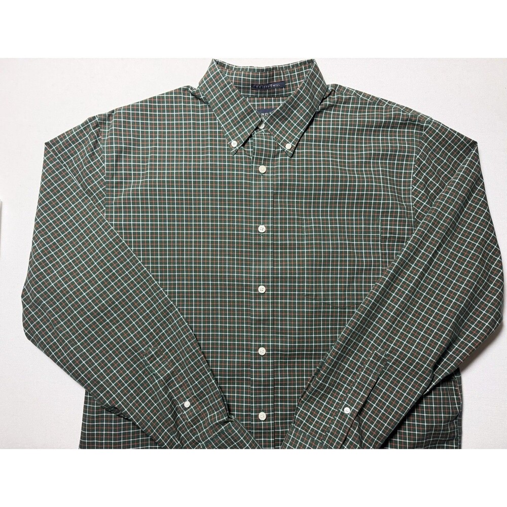 Lands' End Shirt Men’s Long Sleeve 100% Cotton Green Plaid Button Down Size L